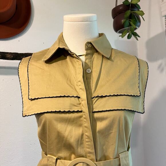 Lyn Around Yellow Tan Large Collared Sleeveless Tiger Embroidered Dress Size 4 - Picture 5 of 16